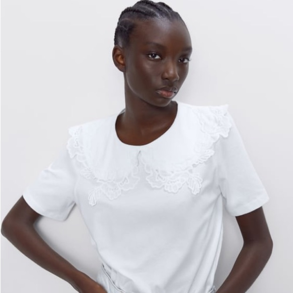 NWT Zara White Top with Scalloped Lace Collar